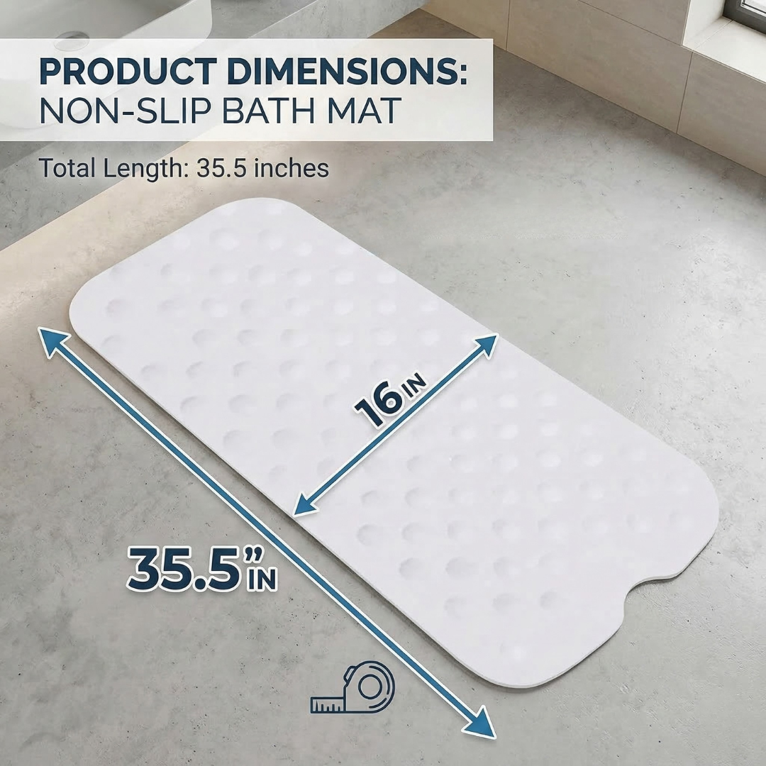 Dimensional graphic showing the Drive Medical bath mat measuring 35.5 inches to provide expansive, secure coverage across a standard bathtub floor.